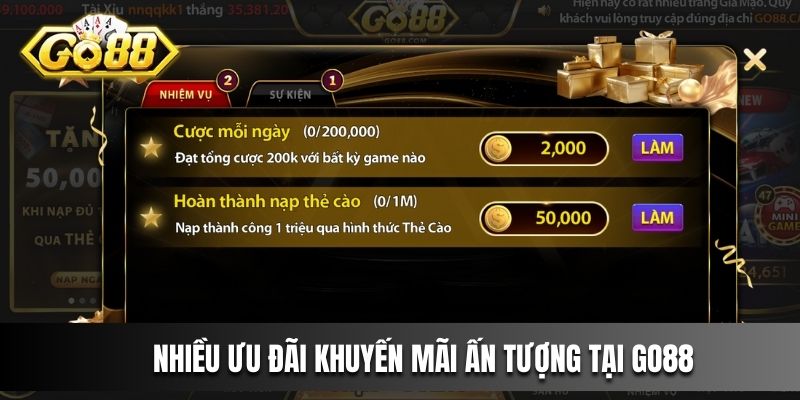 Nhiều ưu đãi khuyến mãi ấn tượng khác nhau có tại thương hiệu Go88